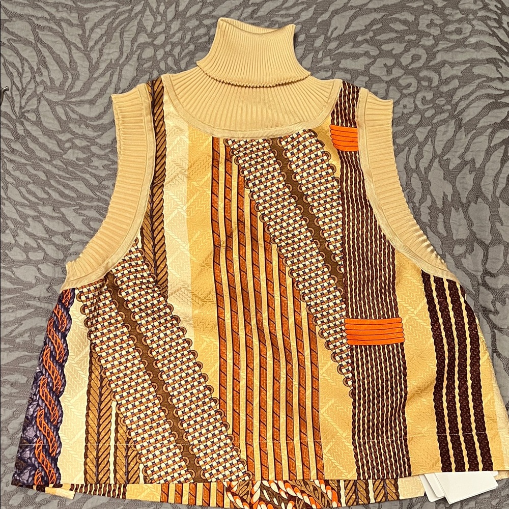 Hermes NEW COLLECTION Beige and Orange Patterned TURTLENECK silk Tank Top